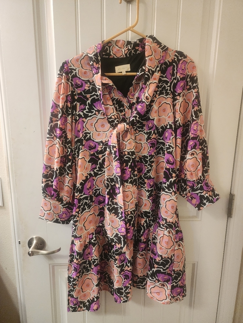 Melloday Floral Tie Neck Mini Dress Size Small Long Sleeve Boho